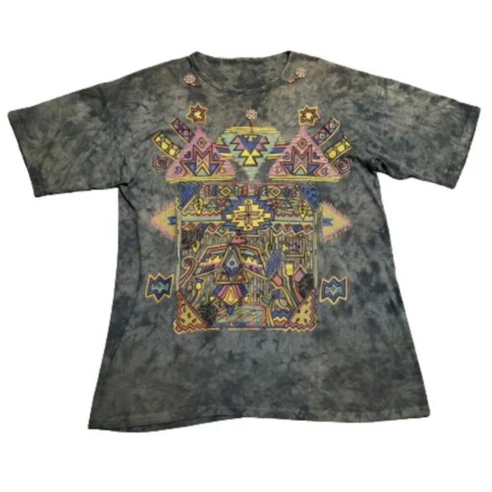 Vintage Aztec Pattern Graphic Print T-Shirt Men's 2XL Green Acid Wash 90s Tee